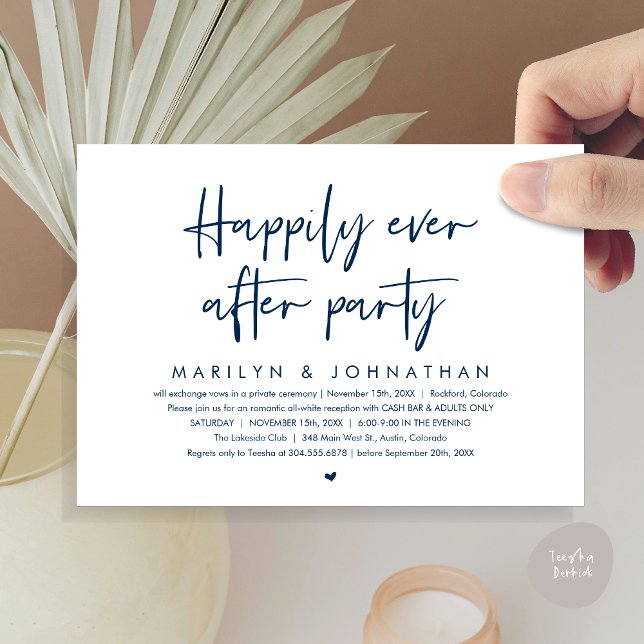 Convites Feliz Festa Depois, Recepção de casamento (Happily Ever After Party, Modern Wedding Reception Invitation Card, PDF, Cash Bar in Navy Blue)
