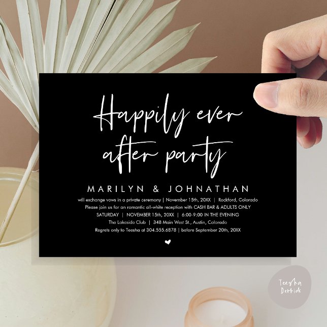 Convites Feliz Festa Depois, Recepção de casamento (Happily Ever After Party, Modern Wedding Reception Invitation Card, PDF, Cash Bar in Classy Black)