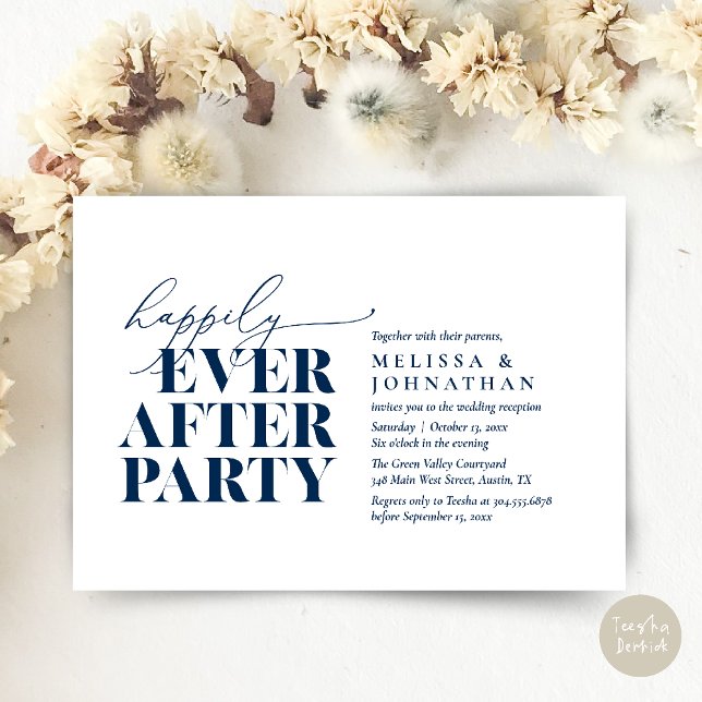 Convites Feliz Festa Depois, Recepção de casamento Moderna (Happily Ever After Party, Modern Wedding Reception Dinner Invitation Card pdf Navy Blue)