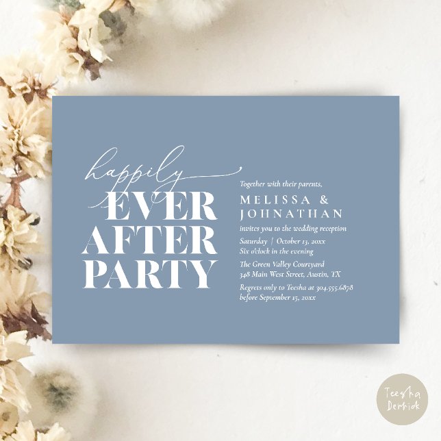Convites Feliz Festa Depois, Recepção de casamento Moderna (Happily Ever After Party, Modern Wedding Reception Dinner Invitation Card pdf Dusty Blue)