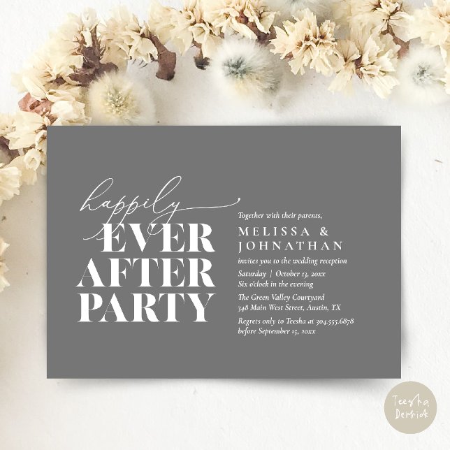 Convites Feliz Festa Depois, Recepção de casamento Moderna (Happily Ever After Party, Modern Wedding Reception Dinner Invitation Card pdf Dark Grey)