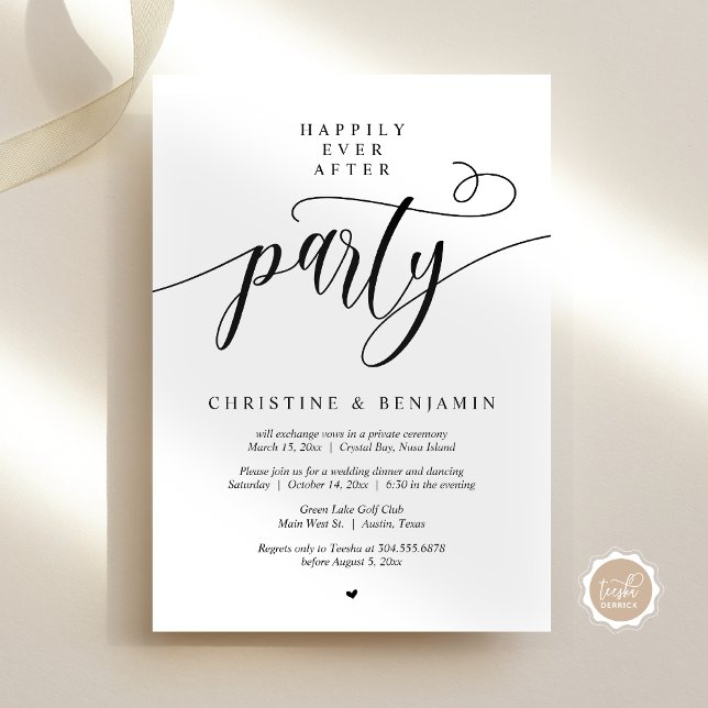 Convites Feliz Festa Depois, Script Moderno (Happily Ever After Party, Wedding Elopement, Modern Calligraphy Script, Post wed dinner celebration)