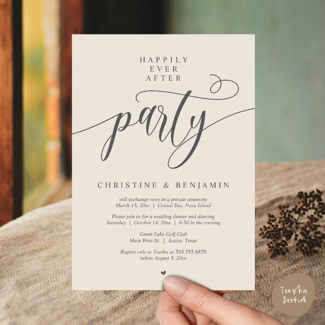 Convites Feliz Festa Depois, Script Moderno (Happily Ever After Dinner Party, Modern Script Wedding Reception Invitation Card, PDF, Cream Grey)