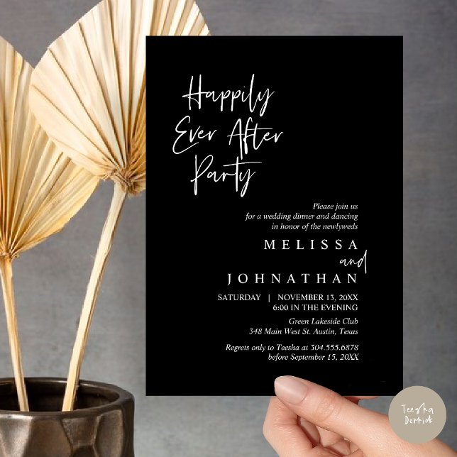Convites Feliz Festa, Janto de Elopemento de Casamento (Happily Ever after Party, Wedding Elopement Dinner Invitation Card, PDF, in Classy Black)