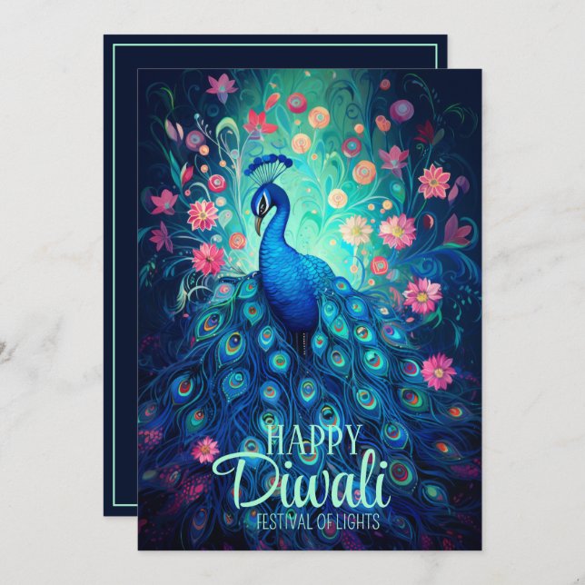 Convites Feliz Festival Diwali de Luzes Peacock (Frente/Verso)