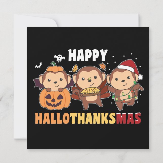 Convites Feliz Hallothanksmas Macaco de Natal Macacos Invi (Frente)