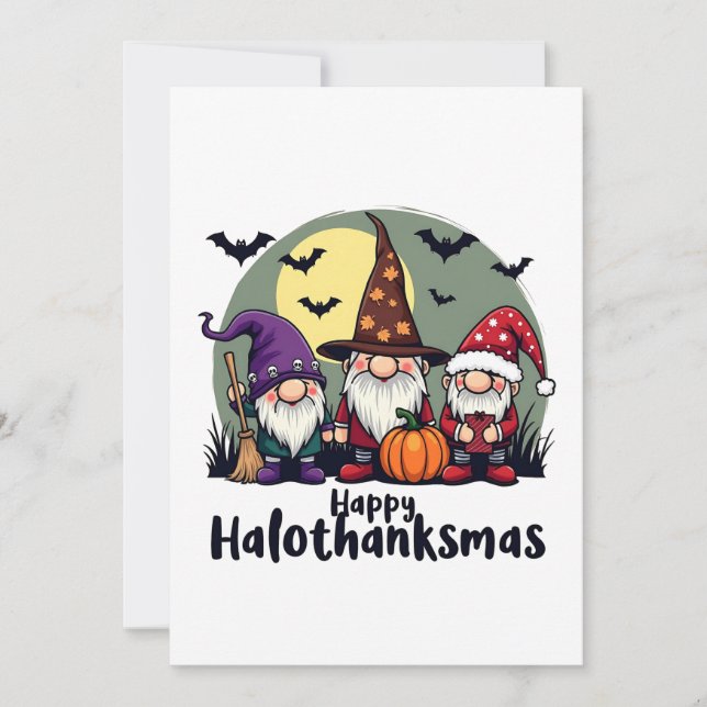 Convites Feliz Hallothanksmas Natal Halloween Gnomos  (Frente)