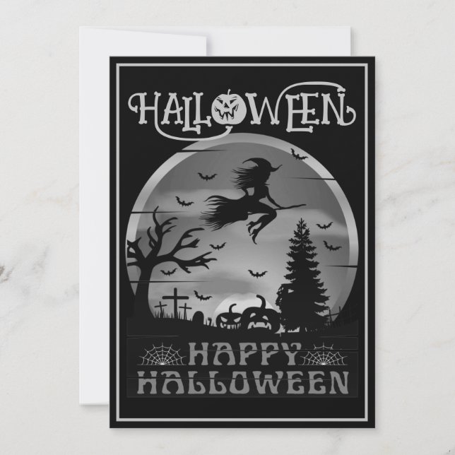 Convites Feliz Halloween Bruxa de Vassoura Cinza Preta Cemi (Frente)