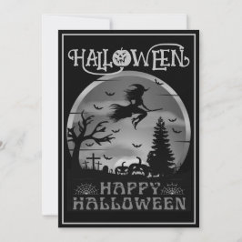 Convites Feliz Halloween Bruxa de Vassoura Cinza Preta Cemi