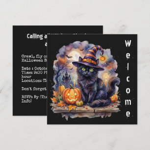 Convites Feliz Halloween - Gato Preto Aquarela