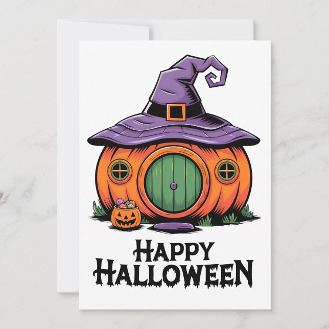 Convites Feliz Halloween Pumpkin Cottage & Witch Hat Roof (Frente)