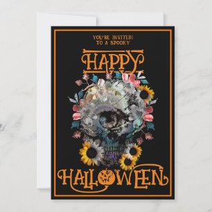 Convites Feliz Halloween Skull Floral Party Black Orangas