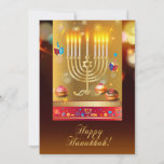 Convites Feliz Hanukkah Belo Natal Judaico Menorah<br><div class="desc">Feliz Hanukkah Belo Cartão de Convite para Férias Judaicas. Antecedentes judeus do Hanukkah com símbolos tradicionais do Chanukah - Dourado Menorah, Hanukkiah Candelabrum e velas, sonhos de madeira (rodando no topo), rosquinhas, estrela de David e padrão de papel de parede luminoso brilhante. Decoração do Festival Chanucá. Jerusalém, Israel. Convites e...</div>