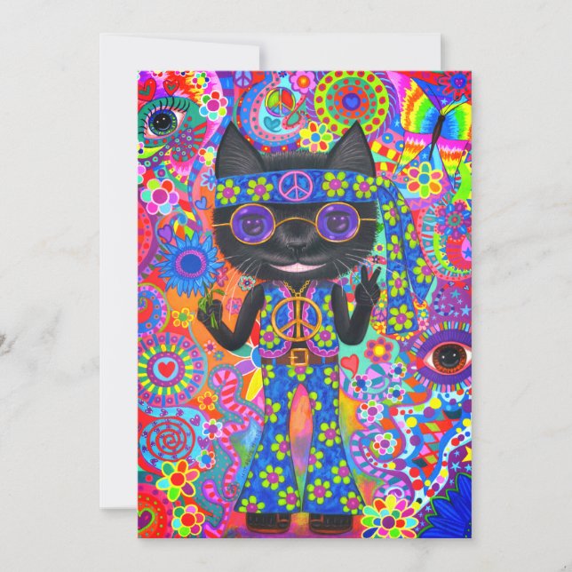 Convites Feliz Hippie Cat Óculos escuros Sinal de paz Flor (Frente)