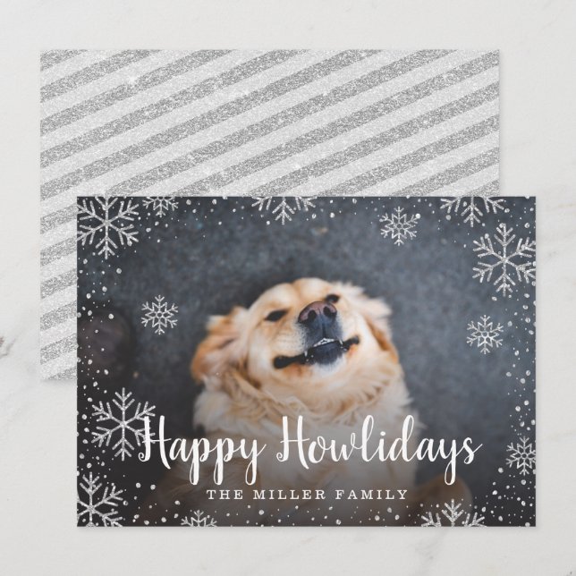 Convites Feliz Howlidays Silver Snowflakes Pet Foto (Frente/Verso)