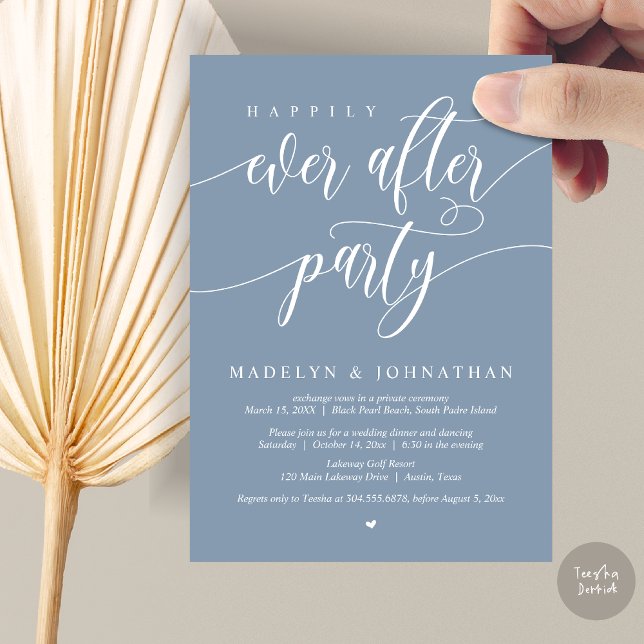 Convites Feliz Janto de Casamento de Festa, Cobre (Happily Ever After Party, Modern Calligraphy Wedding Dinner Invitation Card, PDF, in Dusty Blue)