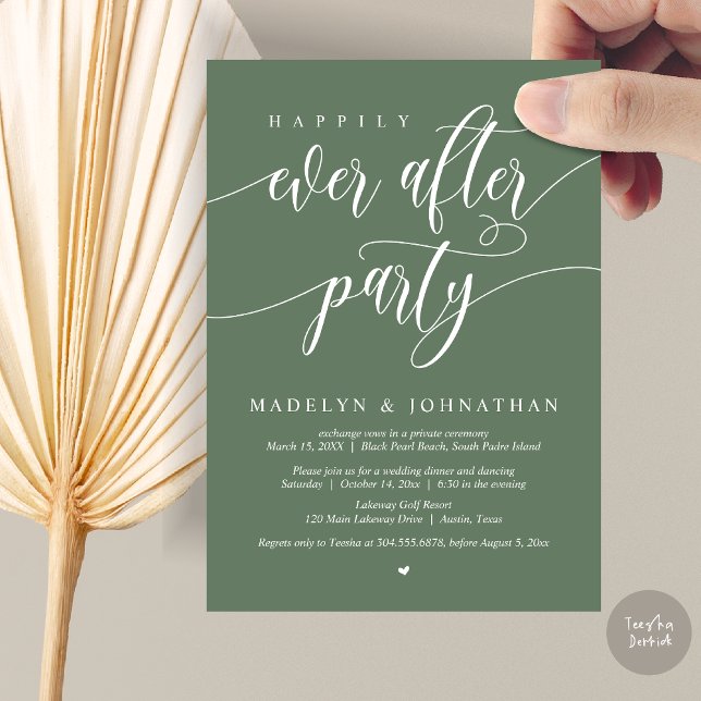 Convites Feliz Janto de Casamento de Festa, Cobre (Happily Ever After Party, Modern Calligraphy Wedding Dinner Invitation Card, PDF, in Sage Green)
