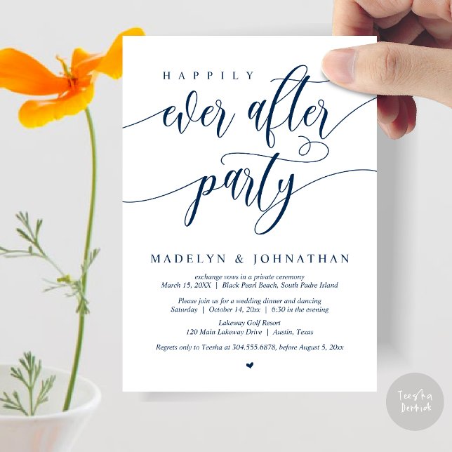 Convites Feliz Janto de Casamento de Festa, Marinho Azul (Happily Ever After Party, Modern Calligraphy Wedding Dinner Invitation Card, PDF, in Navy Blue)