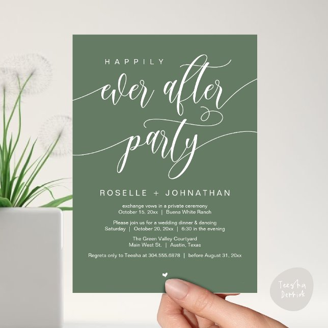 Convites Feliz Janto de Casamento Moderno do Partido (Happily Ever After Party Modern Wedding Dinner Dancing Invitation Card PDF Sage Green Greenery)