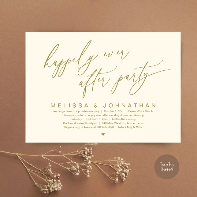 Convites Feliz Janto de Casamento Moderno do Partido (Happily Ever After Party Modern Romantic Wedding Dinner Party Invitation Card PDF Yellow Gold)