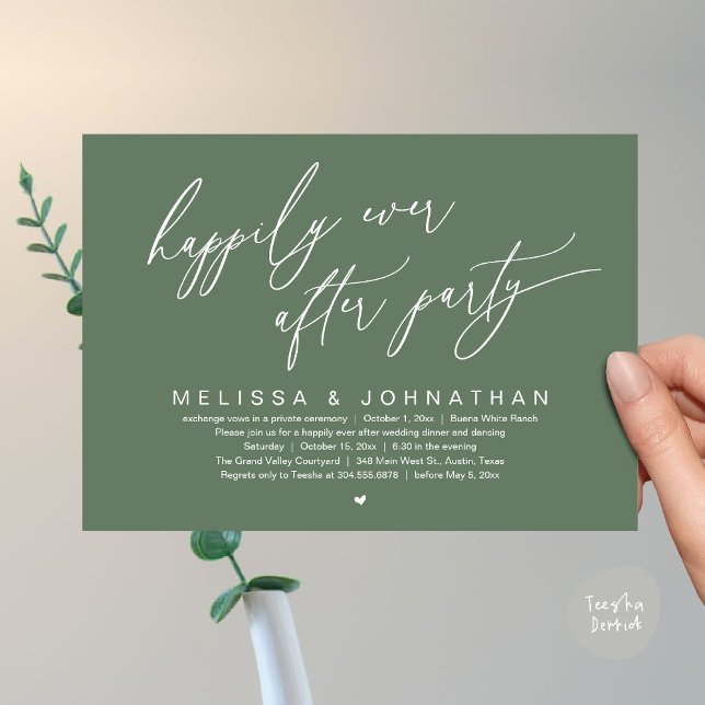 Convites Feliz Janto de Casamento Moderno do Partido (Happily Ever After Party Modern Romantic Wedding Dinner Party Invitation Card PDF Sage Green Forest)