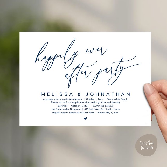 Convites Feliz Janto de Casamento Moderno do Partido (Happily Ever After Party Modern Romantic Wedding Dinner Party Invitation Card PDF Navy Blue)