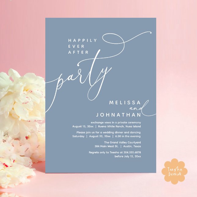 Convites Feliz Janto de Elopemento de Casamento de Festas (Romantic Happily Ever After Party Modern Wedding Elopement Dinner Invitation Card PDF Dusty Blue)