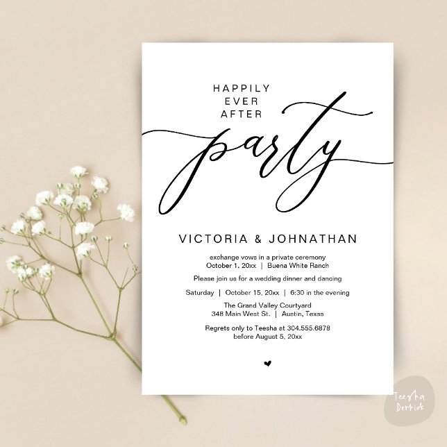Convites Feliz Janto de Elopemento de Casamento de Festas (Romantic Happily Ever After Party Modern Wedding Elopement Dinner Invitation Card PDF White Black)