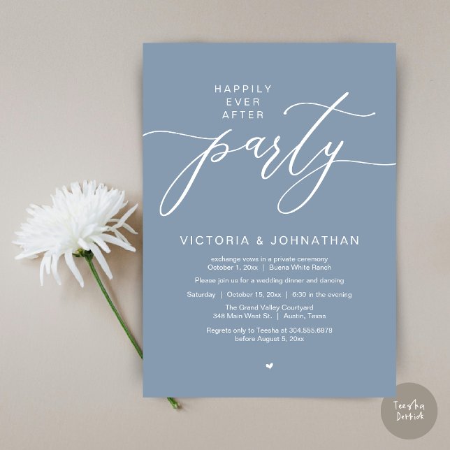Convites Feliz Janto de Elopemento de Casamento de Festas (Romantic Happily Ever After Party Modern Wedding Elopement Dinner Invitation Card PDF Dusty Blue)
