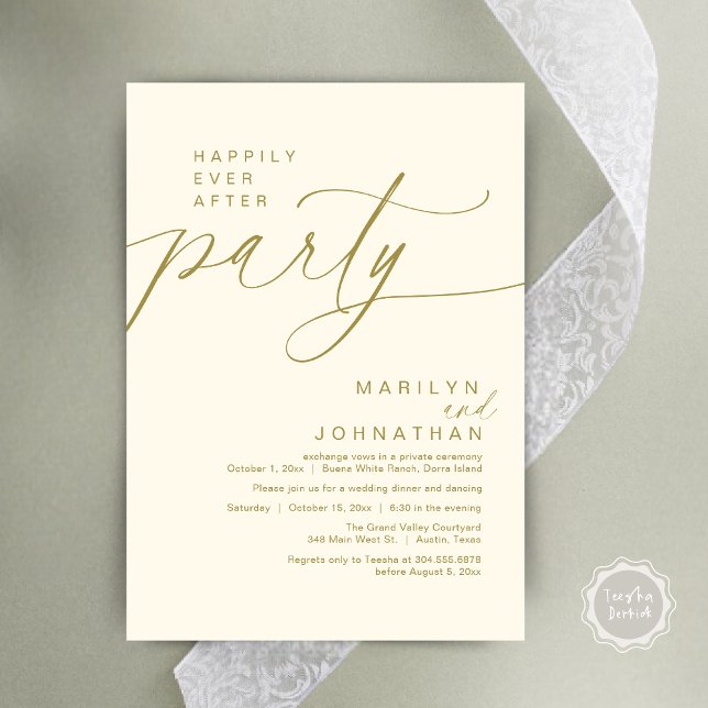 Convites Feliz Janto de Elopemento de Casamento de Festas (Happily Ever After Party Wedding Elopement Dinner Invitation Card PDF Modern Romantic Yellow Gold)