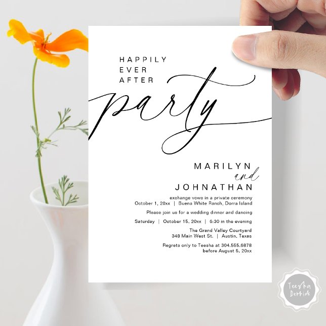 Convites Feliz Janto de Elopemento de Casamento de Festas (Happily Ever After Party Wedding Elopement Dinner Invitation Card PDF Modern Romantic White Black)