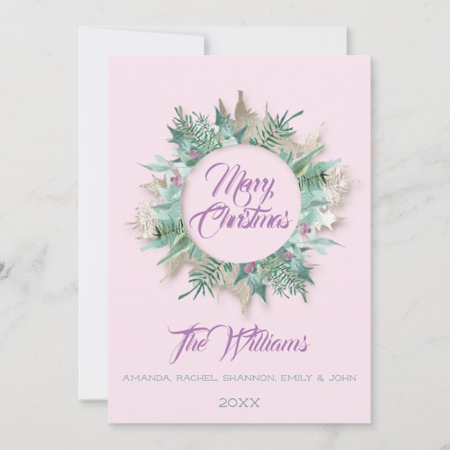 Convites Feliz Natal Belly Wreath Monograma Púrpura Rosa (Frente)