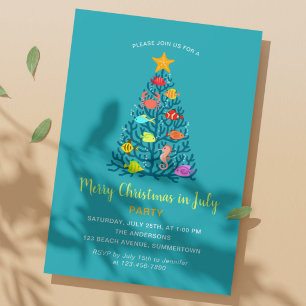 Convites Feliz Natal em Julho Peixes de Árvore de Coral Tro