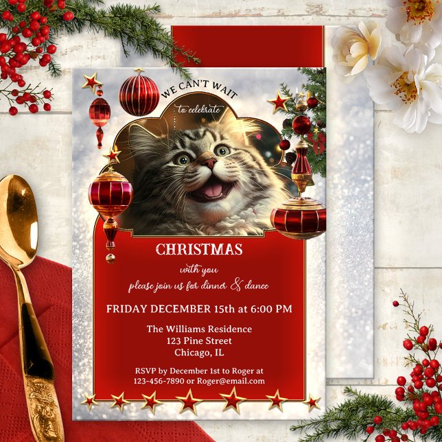 Convites Feliz Natal Festivo de Gato (A funny Christmas holiday invitation featuring an all exited kitty watching the ornaments and lights)