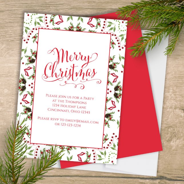Convites Feliz Natal Red Green Pinecone - Festa de Padrão (Merry Christmas holiday party invitation with whimsical calligraphy script. )