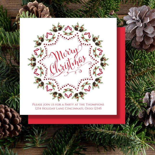 Convites Feliz Natal Red Green Pinecone - Festa de Padrão (Merry Christmas holiday party invitation with whimsical calligraphy script. )