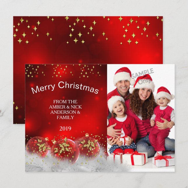 Convites Feliz Natal Vermelho Dourado Azevinho bolas (Frente/Verso)