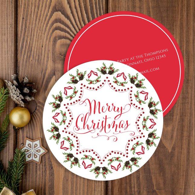 Convites Feliz Natal Vermelho Verde Pinecone Wreath Circle (Merry Christmas holiday party invitation with whimsical calligraphy script. )