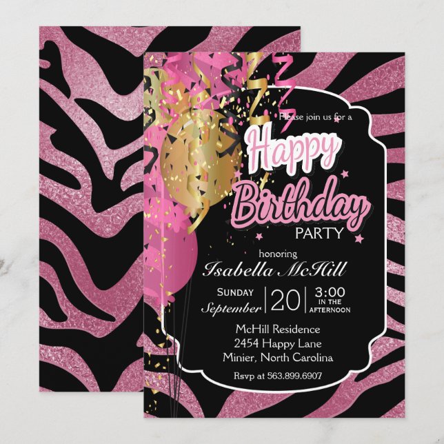 Convites Feliz Natal - Zebra Rosa e Negra - Stripes Invita (Frente/Verso)