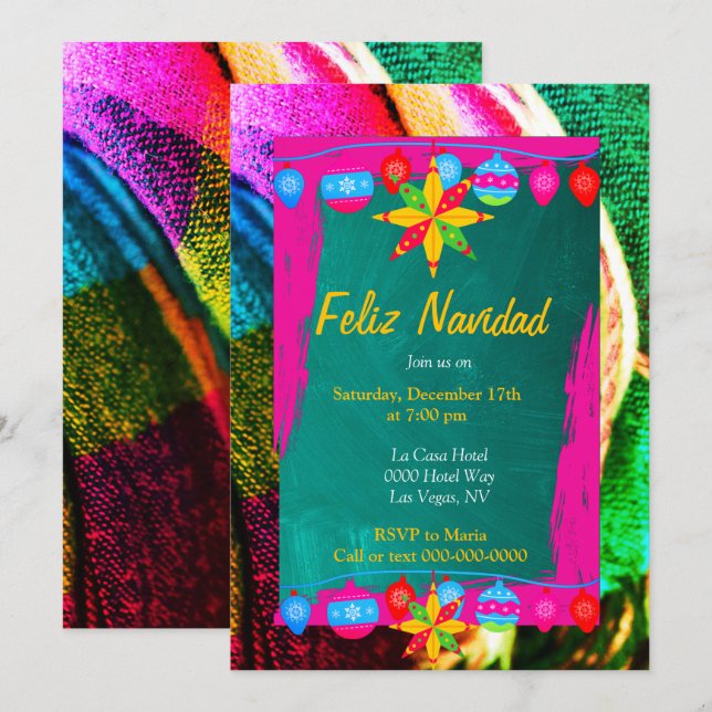 Convites Feliz Navidad Festa Em Sarape Rosa e Verde (Frente/Verso)