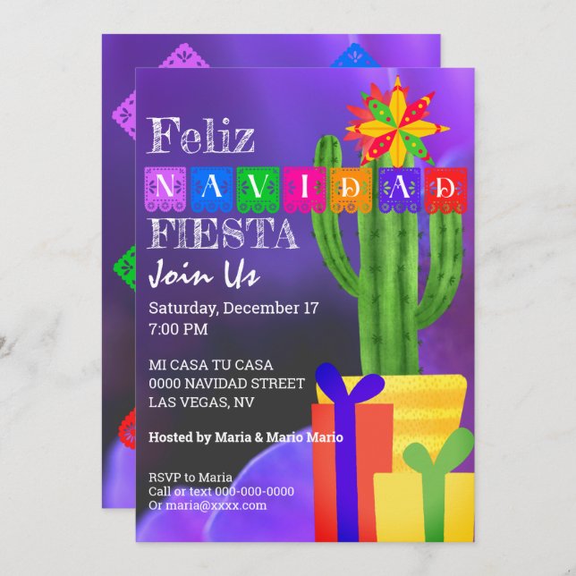 Convites Feliz Navidad Fiesta Green Cactus Em Roxo (Frente/Verso)