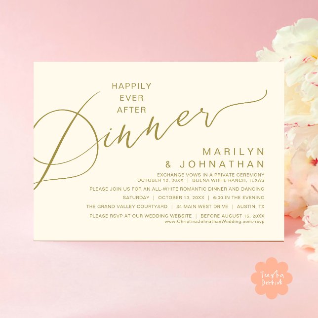 Convites Feliz Nunca Após Janta, Festa de casamento Moderna (Happily Ever After Romantic Wedding Dinner Party Invitation Card Modern Boho PDF Classy Yellow Gold)