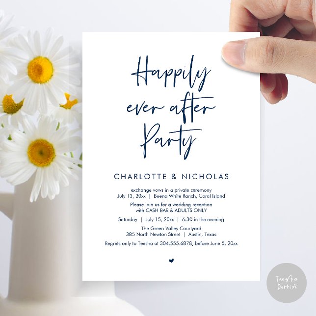 Convites Feliz Nunca Após Jantar Festa de casamento Bar (Happily Ever After Modern Dinner Wedding Reception Party Cash Bar Invitation Card PDF navy Blue)