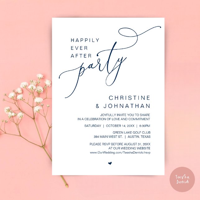 Convites Feliz Nunca Depois Da Festa de casamento Jantar Da (Happily Ever After Wedding Party Romantic Dinner Dancing Invitation Card, PDF, in Navy Blue)