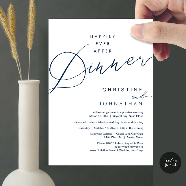 Convites Feliz Nunca Depois Do Esboço De Elopemento De Casa (Happily Ever After Dinner Wedding Elopement Script Invitation Card, PDF, Modern Romantic, Navy Blue)