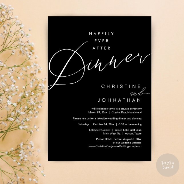 Convites Feliz Nunca Depois Do Esboço De Elopemento De Casa (Happily Ever After Dinner Wedding Elopement Script Invitation Card, PDF, Modern Romantic, in Black)