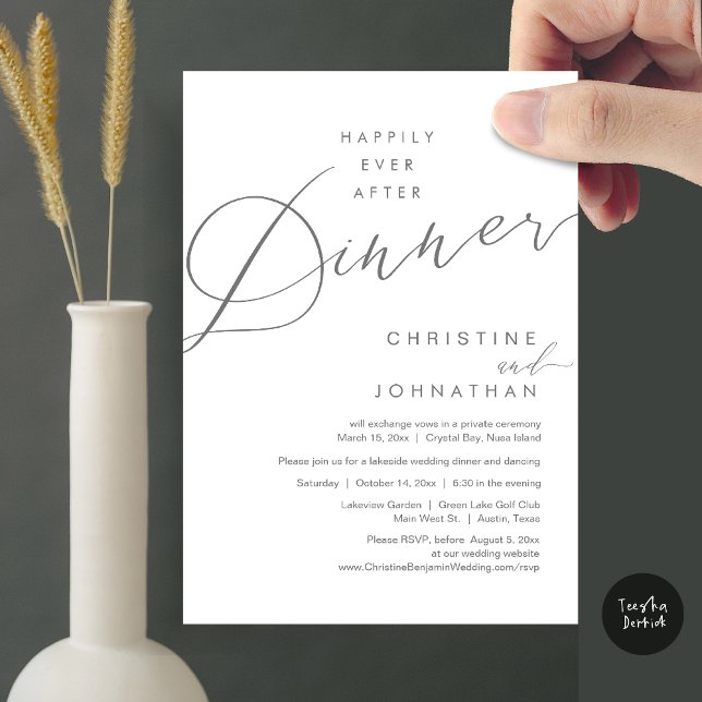 Convites Feliz Nunca Depois Do Esboço De Elopemento De Casa (Happily Ever After Dinner Wedding Elopement Script Invitation Card, PDF, Modern Romantic, Dark Grey)