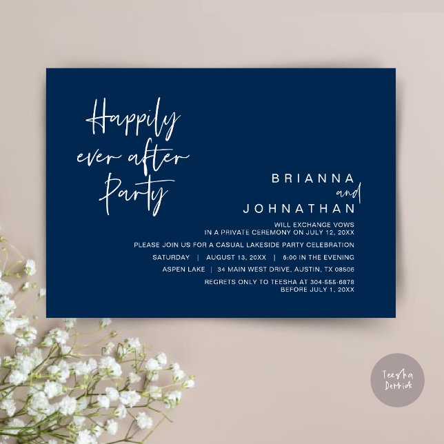 Convites Feliz Para Sempre Após A Festa de casamento, Marin (Happily Ever After Party Invitation Card, PDF, Modern Wedding Elopement, in Classy Navy Blue)