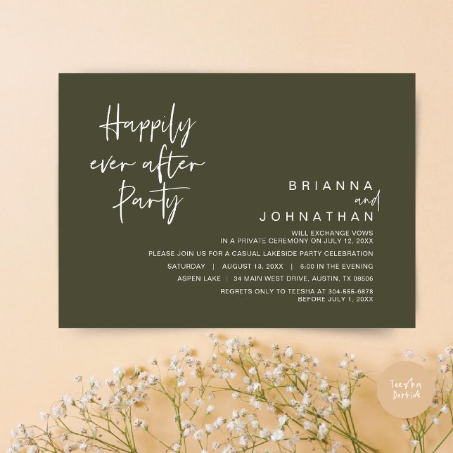 Convites Feliz Para Sempre Após A Festa de casamento, Verde (Happily Ever After Party Invitation Card, PDF, Modern Wedding Elopement, in Olive Green)