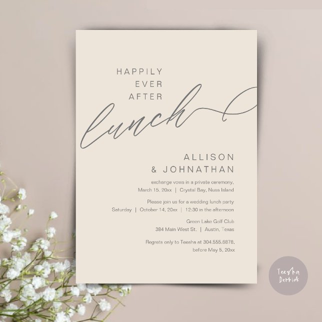 Convites Feliz Para Sempre Após Almoço, Casamento, Creme e  (Happily Ever After Lunch, Wedding Elopement Invitation Card, PDF, Modern Classy, in Cream and Grey)